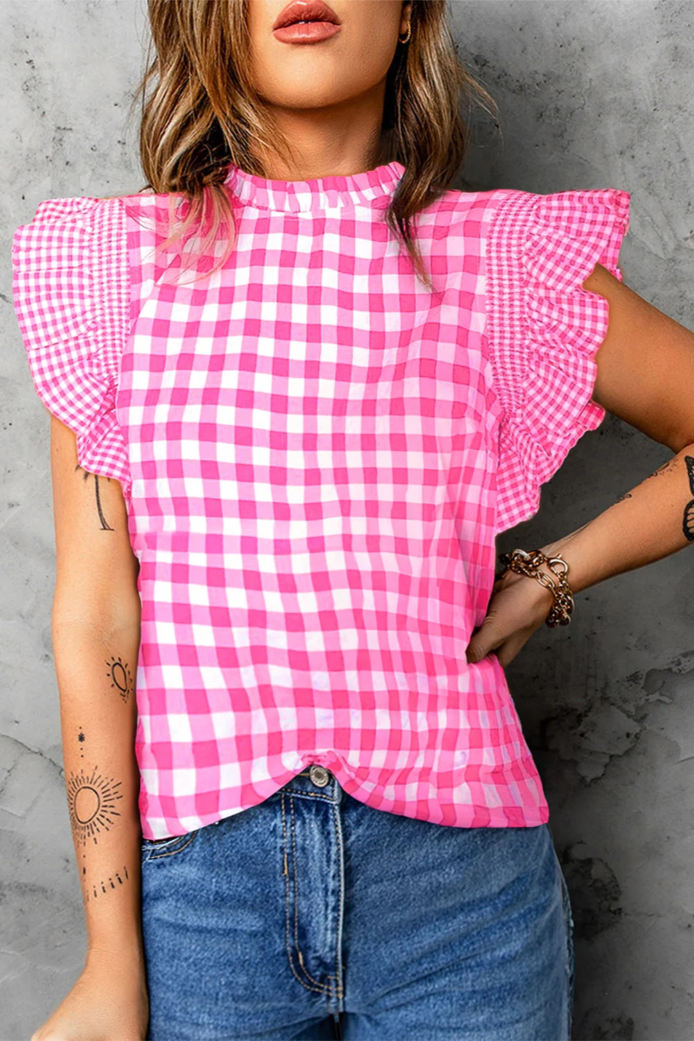 Ruffled Plaid Mock Neck Cap Sleeve Blouse | Casual Chic Boutique