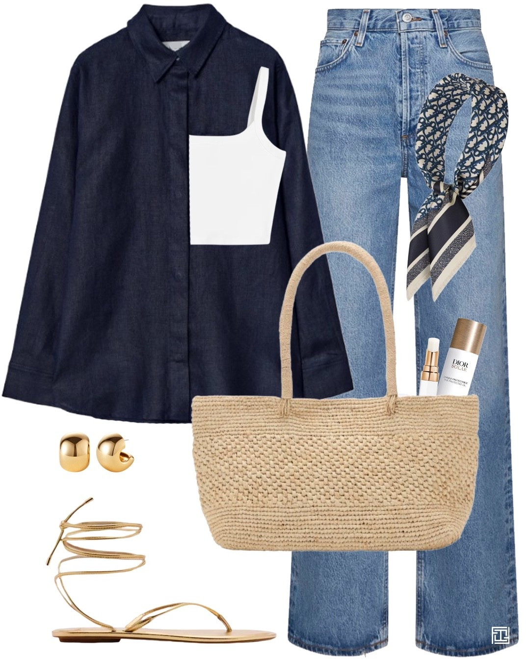 Navy linen shirt blue jeans gold tie up sandals raffia tote bag  casual weekend outfit 

#LTKuk #LTKspring #LTKsummer