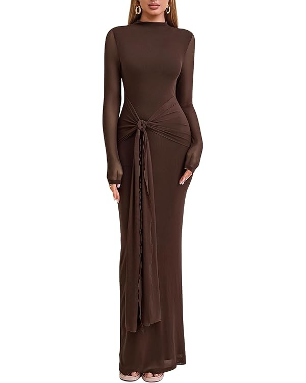 Colysmo Long Sleeve Bodycon Maxi Tie Fall Wedding Guest Dresses for Women | Amazon (US)