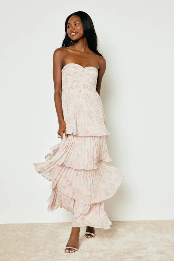 Seriously Sensational Blush Floral Strapless Tiered Maxi Dress | Lulus