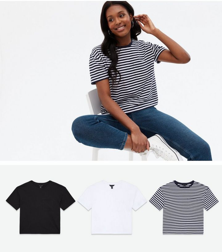 3 Pack Black White and Navy Stripe Boxy T-Shirts
						
						Add to Saved Items
						Remove fro... | New Look (UK)