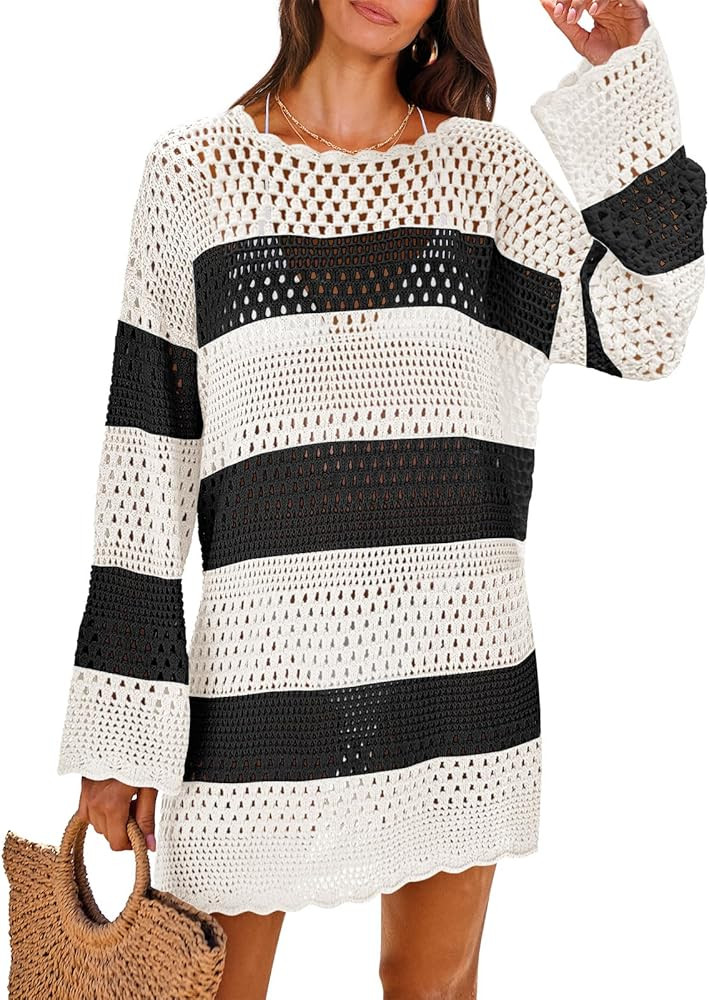 ANRABESS Women Swimsuit Crochet Swim Cover Up Summer Bathing Suit Swimwear Knit Pullover Beach Dress | Amazon (US)