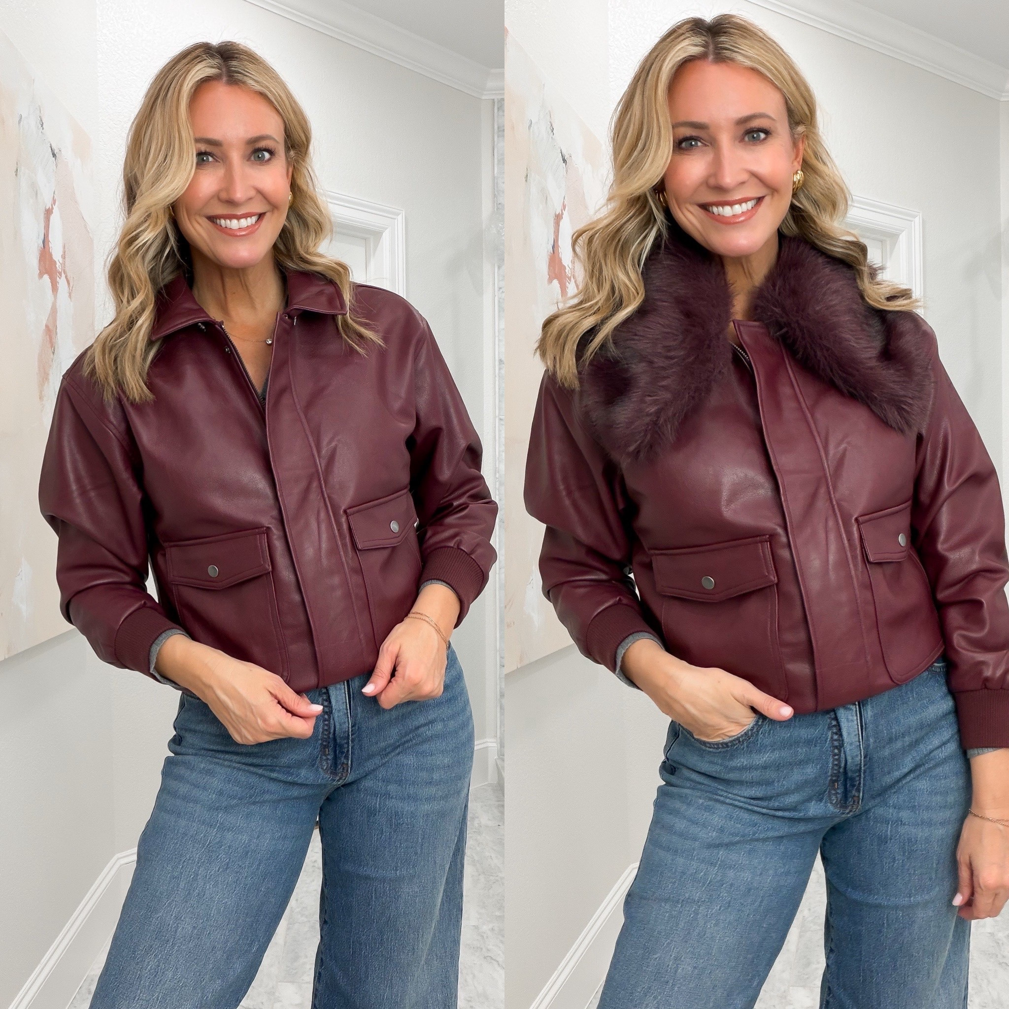 Burgundy leather bomber jacket with detachable faux fur collar