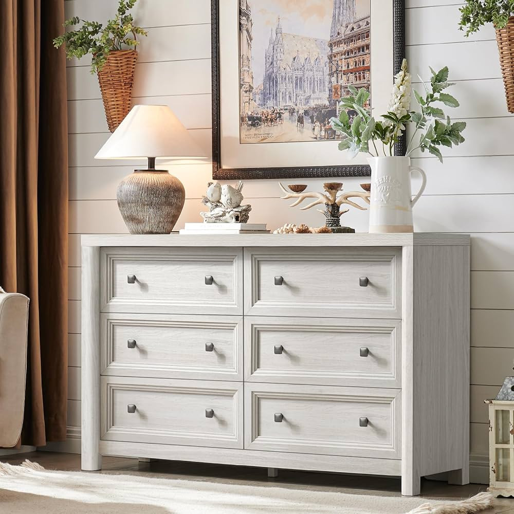 Farmhouse 6 Drawers Dresser for Bedroom, White Dressers, 52" Wide Rustic Wood Chest of Drawers wi... | Amazon (US)