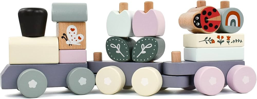 Pillowhale Wooden Stacking Train Toy Set,Wooden Building Blocks Train with Shape Sorter Early Lea... | Amazon (US)