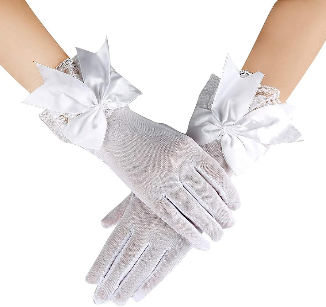 JISEN Women Party Bow Lace Elegant with Wrist Ruffle Bridal Wedding Gloves | Amazon (US)