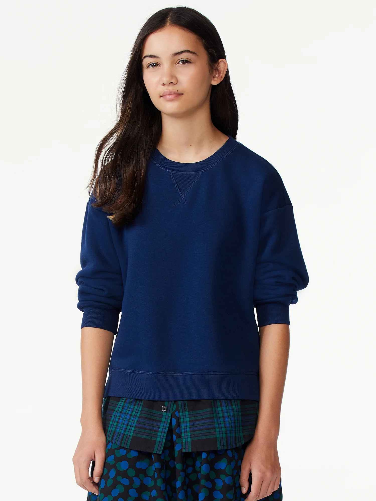 Free Assembly Girls Crewneck Sweatshirt with Woven Shirt Hem, Sizes 4-18 - Walmart.com | Walmart (US)