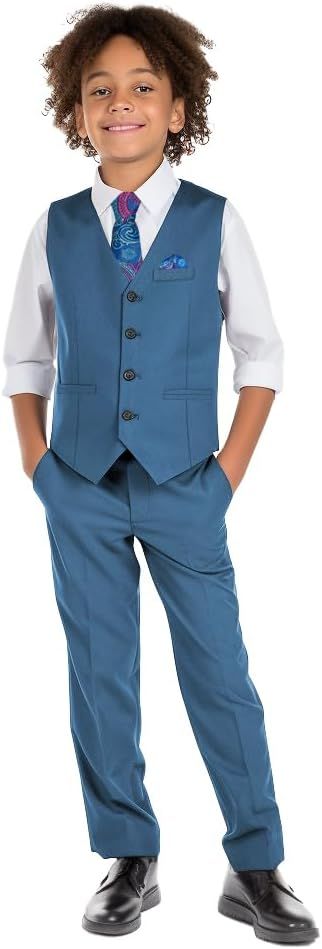 Marvelous Kids Boys' 6-Piece Formal Slim Fit Suit Set, Vest, Pants, Dress Shirt, Tie, Pocket Squa... | Amazon (US)
