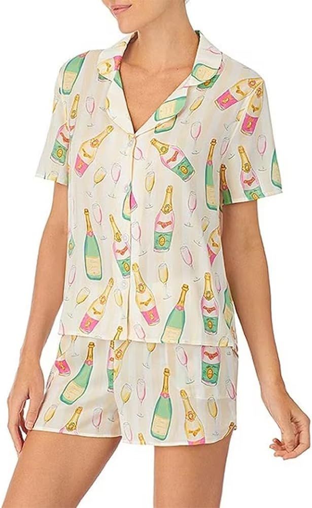 Yiulangde Floral Fruit Print 2 Piece Pajamas Set Y2k Long Sleeve Button Down Shirt Shorts Two Pie... | Amazon (US)