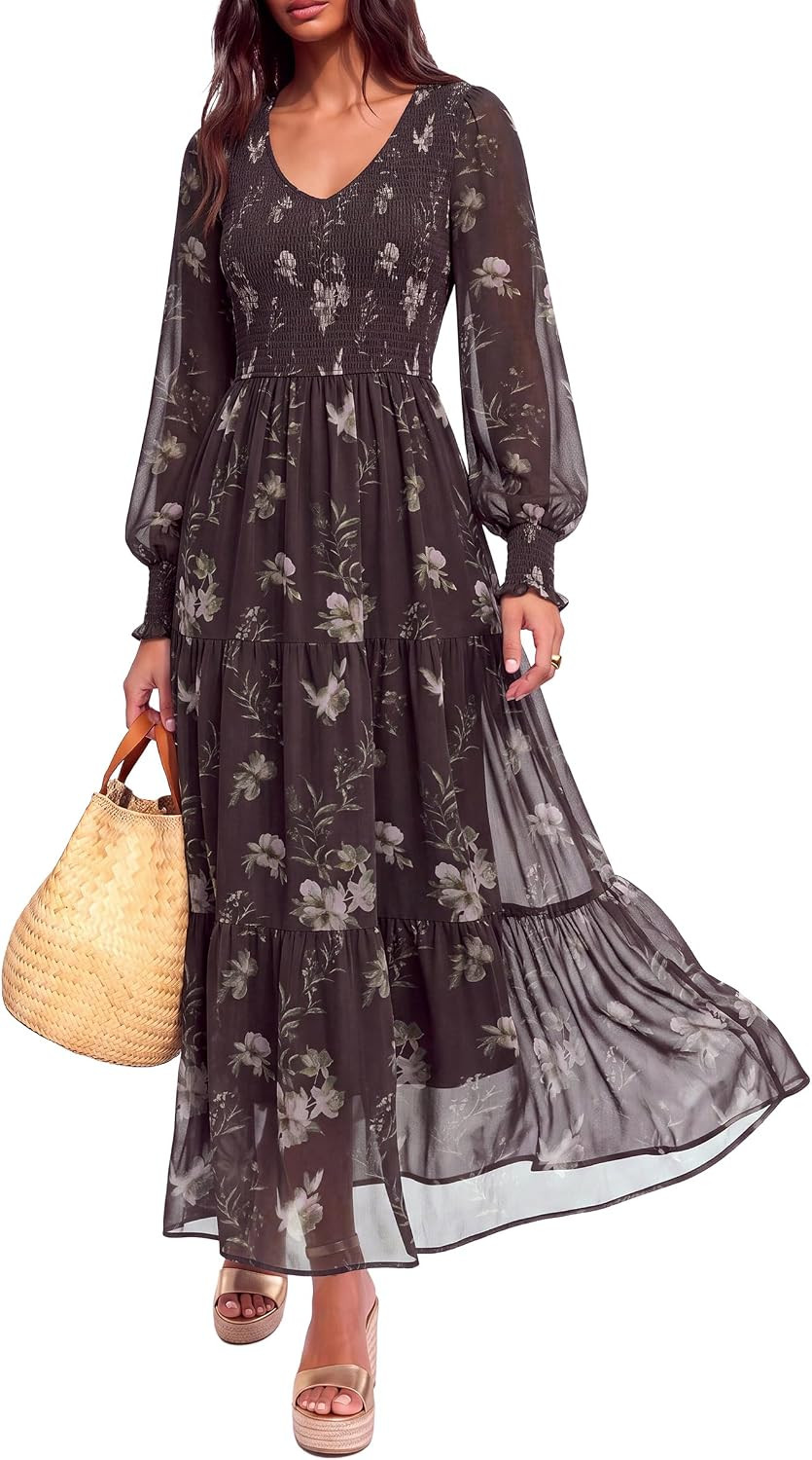 MASCOMODA Womens Floral Long Sleeve Dress Boho A Line Fall Maxi Dresses | Amazon (US)