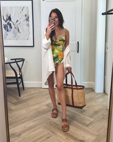 This tropical swimsuit is an instant favorite!!!  This print is so fun and gives luxe summer vibes . The fit on this one is incredible! Detachable straps and runs tts sz small
Shirt is not part of sale but still a great
Price  Sz med sized up for an oversized fit 
Bag looks designer and is stunning 
Sandals! I also bought in gold and they run tts


#LTKswim #LTKstyletip #LTKsalealert