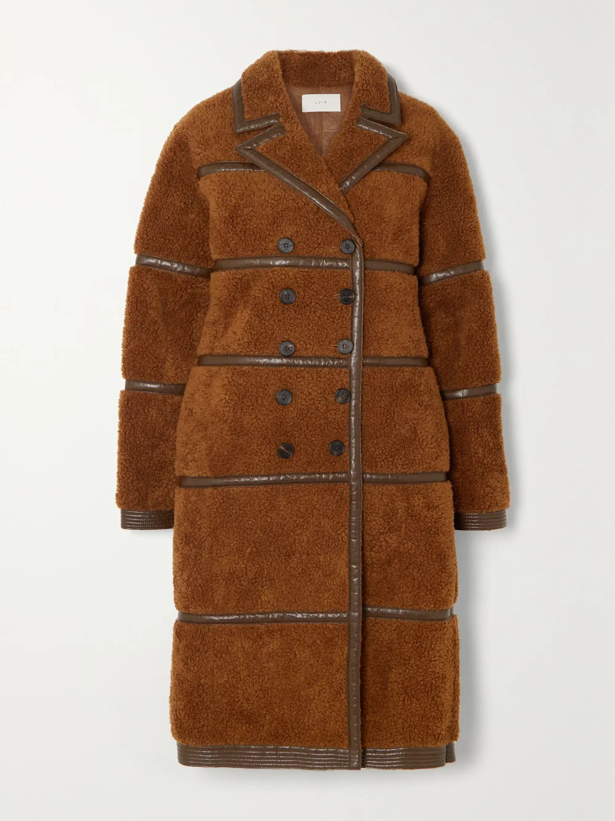 Brown Double-breasted faux leather-trimmed faux shearling coat | LVIR | NET-A-PORTER | NET-A-PORTER (US)