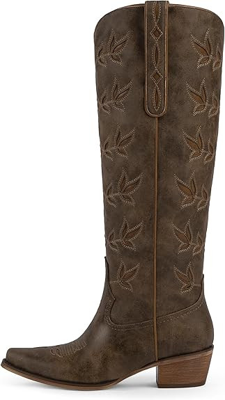 Cowboy Boots for Women Knee High Womens Cowgirl Boots Pointed Toe Chunky Heel Leaf-patterned Embr... | Amazon (US)