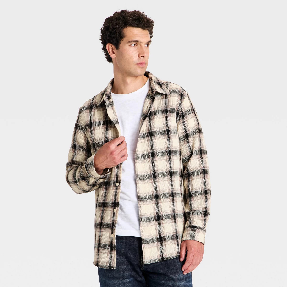 Men's Denim Long Sleeve Plaid Layer Button-Down Shirt - Goodfellow & Co\u2122 Navy Blue XXL | Target