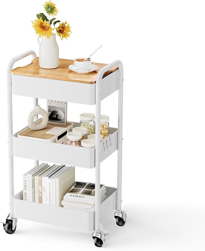 3 Tier Rolling Cart with Table top, Metal Rolling Utility Cart on Wheels, Sturdy Storage Organize... | Amazon (US)