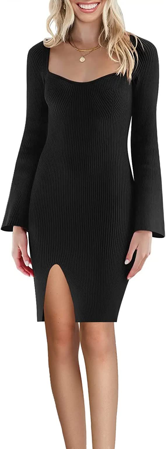 LookbookStore Womens Sweater Dress Bodycon Square Neck Slit Short Dresses Bell Long Sleeve Knit S... | Amazon (US)