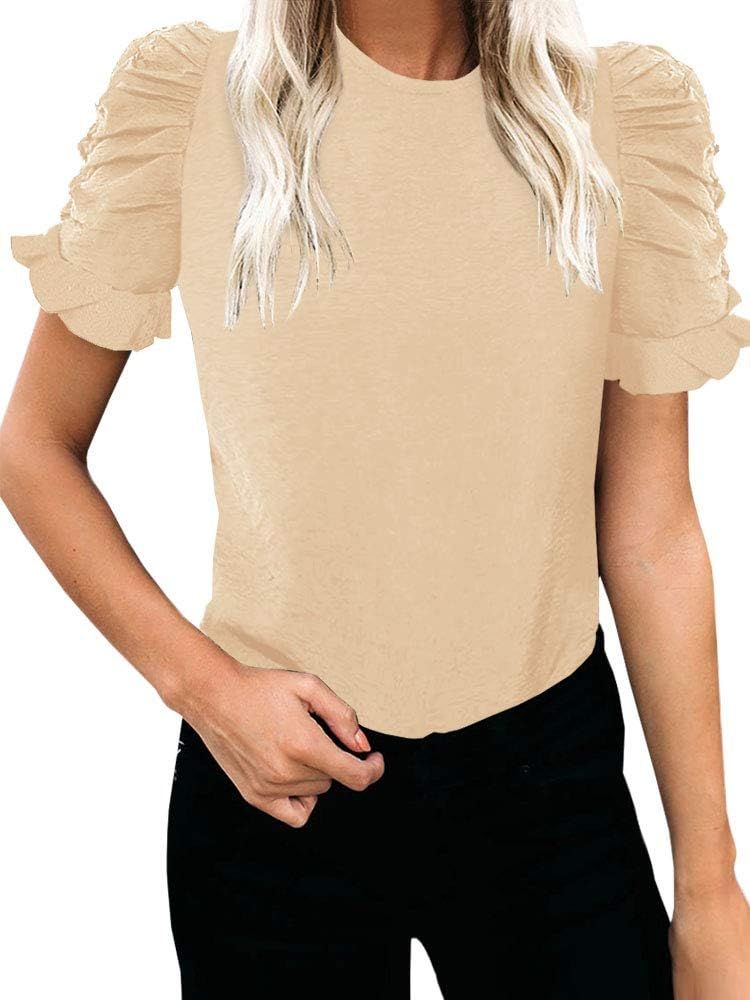 GAMISOTE Womens Leopard Short Puff Sleeve T Shirts Mock Neck Summer Slim Tee Tops | Amazon (US)