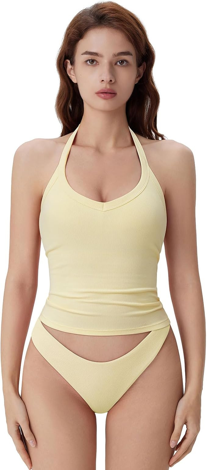 SUUKSESS Halter Tank Top for Women with Built in Bra Cotton Ribbed V Neck Cami | Amazon (US)