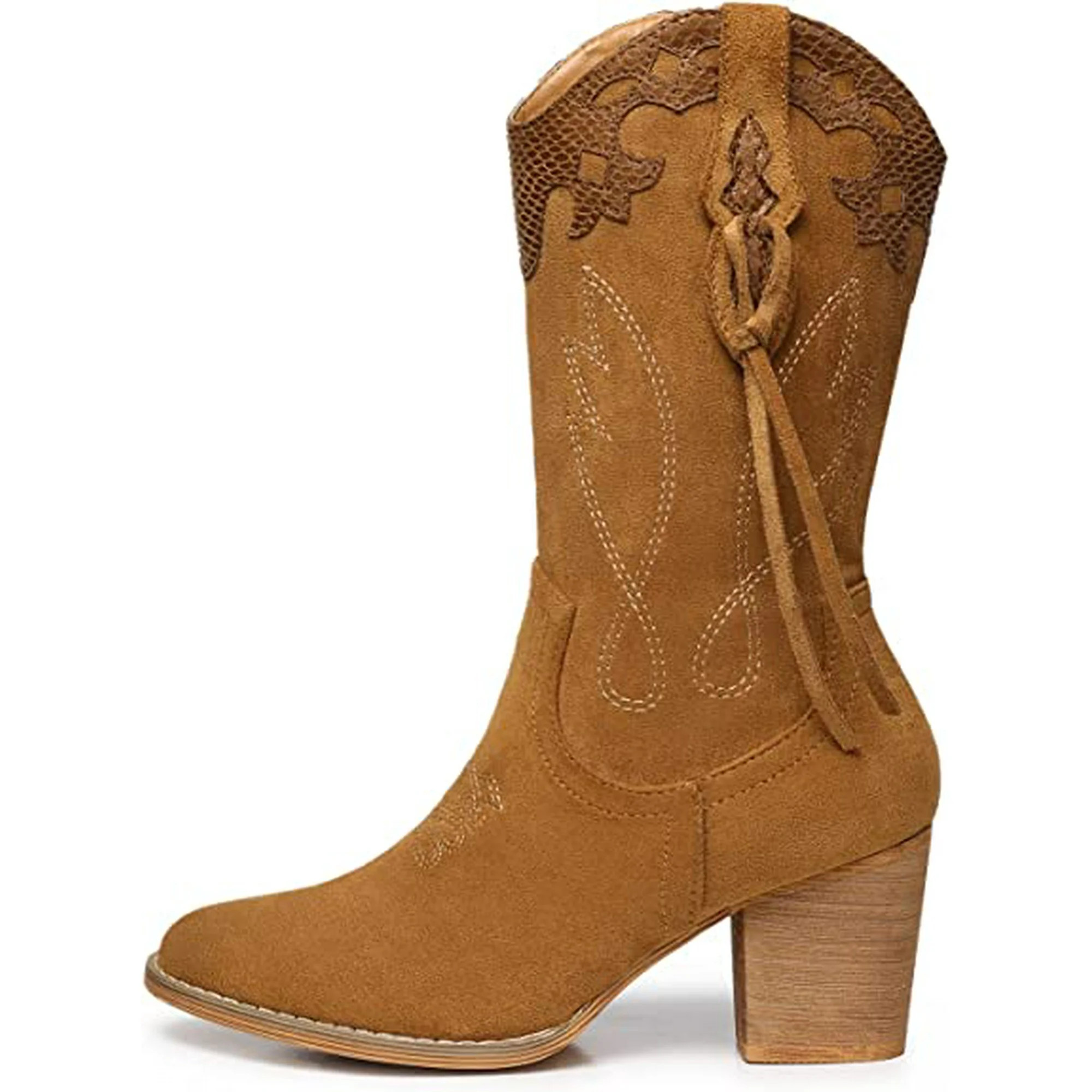 FAMITIONFAMITION Women Cowboy Boots for Women Western Cowgirl Boots with Chunky Heel Round Toe Bo... | Walmart (US)