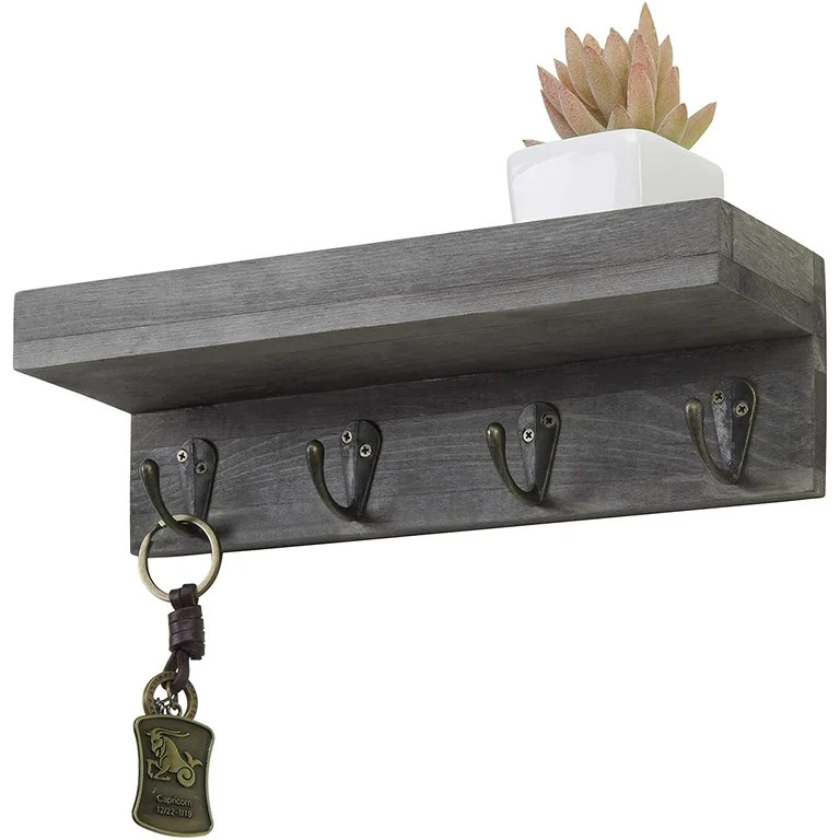 MyGift Vintage Grey Wood Wall Mounted Entryway Shelf with 4 Hooks | Walmart (US)