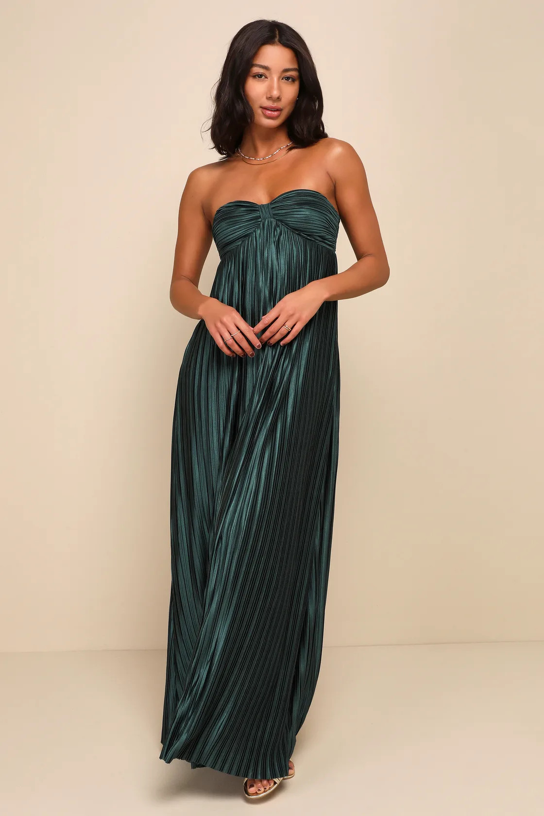 Whimsical Beauty Emerald Green Satin Plisse Strapless Maxi Dress | Lulus