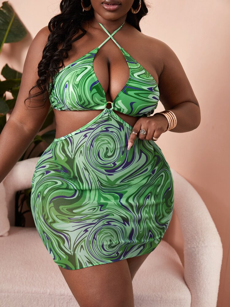 SHEIN SXY Plus Fluid Pattern Ring Linked Cross Bikini Swimsuit | SHEIN