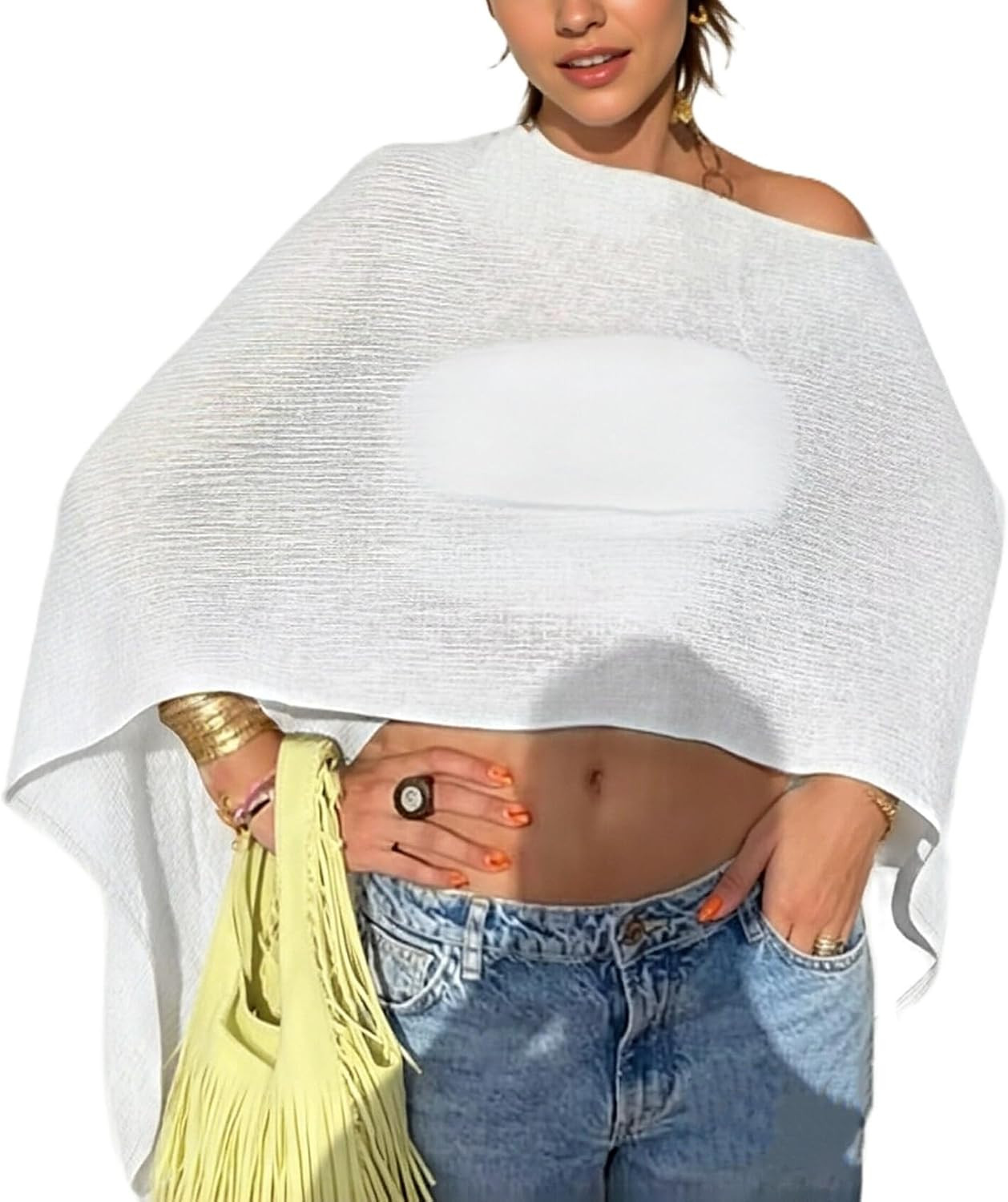 Women Sheer Poncho Top Lightweight Knit Crochet Shrug Bolero Mesh Batwing Sleeve Sweater Cover Up Beachwear | Amazon (US)