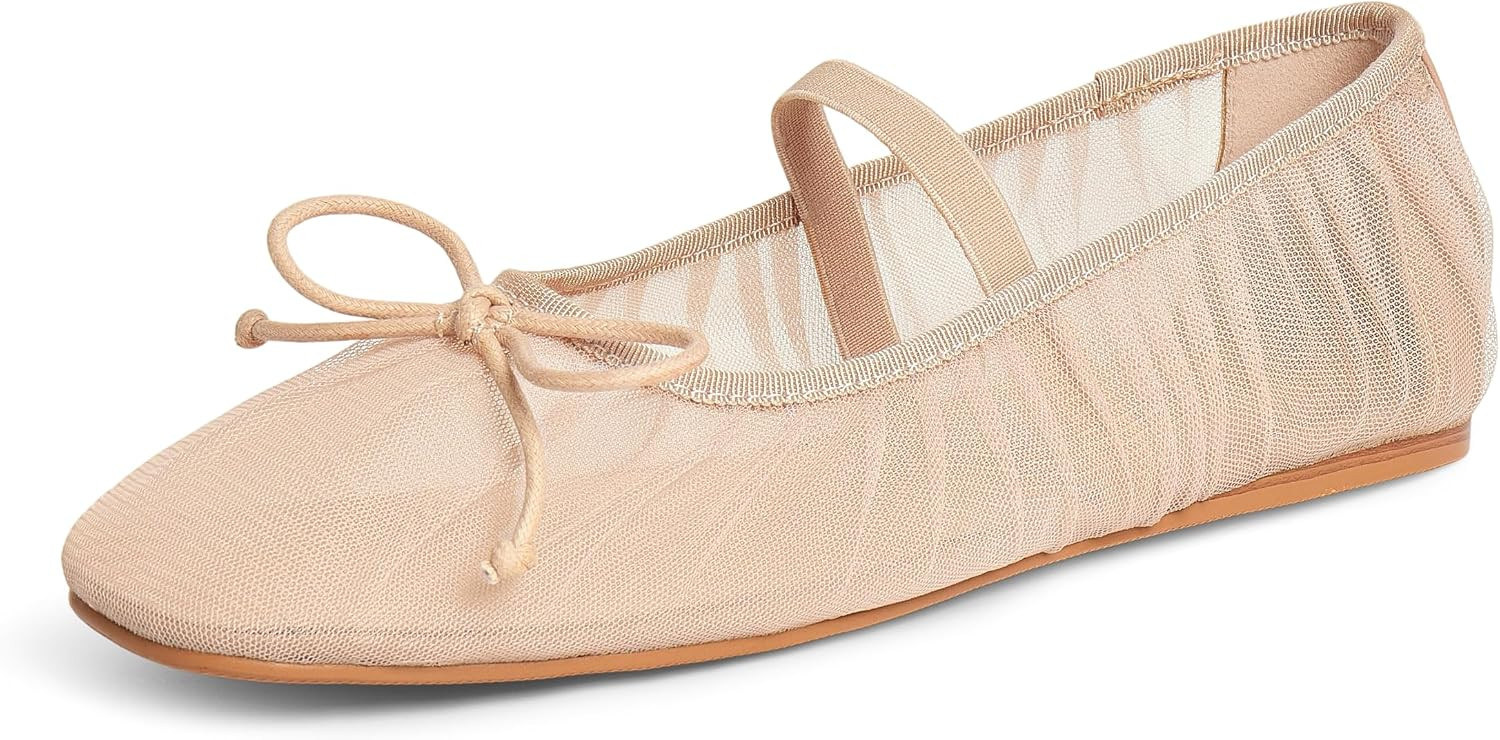 STALOV Mesh Ballet Flats for Women Square Toe Bow Mary Jane Flats Tulle Comfortable Dress Casual Ballerina Shoes with Strap | Amazon (US)