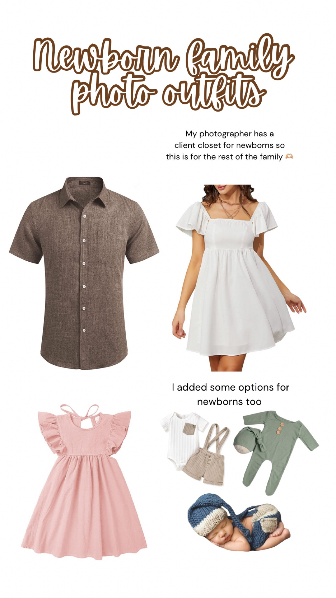 Newborn family photo outfits 🥰
My photographer has a client closet for newborns but I added some cute options! 

#baby #babyboy #babyproducts #babymusthaves #newborn #newmom #secondtimemom #momhacks #babyhacks #babyclothing #amazon #amazonmusthaves #founditonamazon #summerbaby #infant #newbornphotos #familyoutfits #familyfits #familyphotoshoot 

#LTKkids #LTKfamily #LTKbaby