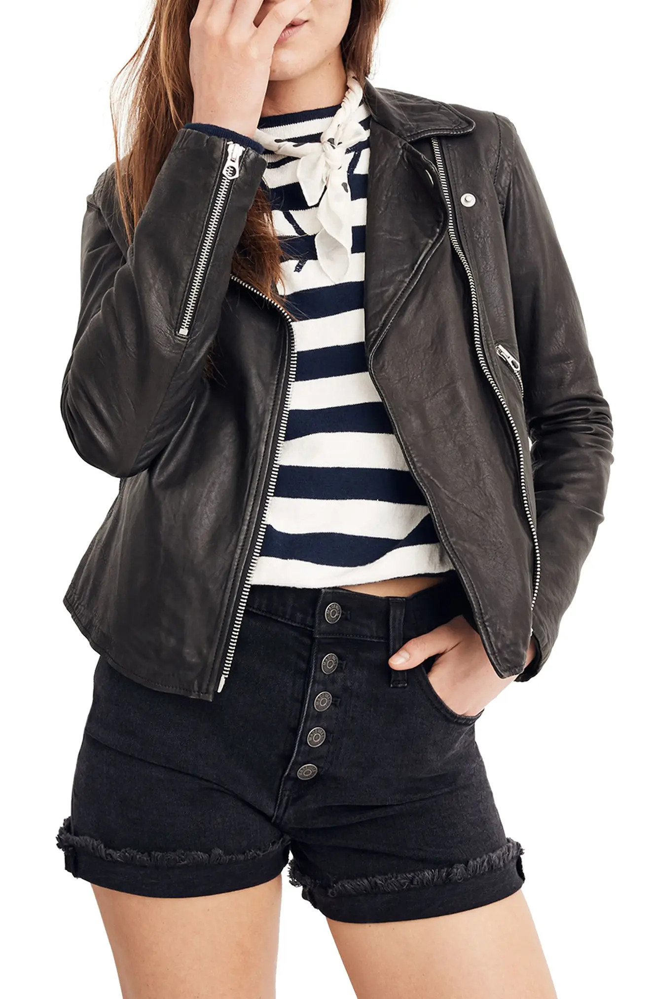 Women's Madewell Washed Leather Moto Jacket, Size Large - Black | Nordstrom