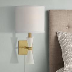 Scava Plug-In Modern Wall Lamp in Wood and Brass | www.lampsplus.com | LampsPlus.com