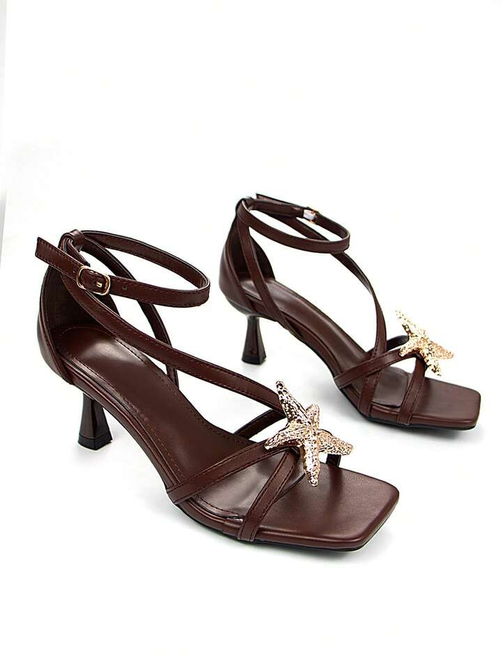 Women's Elegant Metallic Gold Starfish Decor Brown PU Leather Stilettos Ankle Strap Comfortable S... | SHEIN