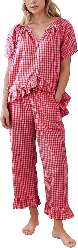 PEHMEA Womens Plaid 2 Piece Cotton Gingham Pajama Sets Short Sleeve Babydoll Shirt Ruffle Pants Y... | Amazon (US)