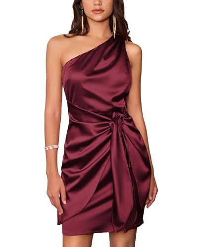 GRACE KARIN Womens One Shoulder Dress Cocktail Party Mini Ruched Satin Dress Bodycon Sleeveless Dresses Dark Red | Amazon (US)