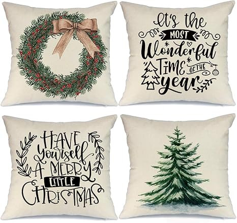 AENEY Christmas Pillow Covers 18x18 Set of 4, Christmas Tree Wreath Rustic Winter Holiday Throw P... | Amazon (US)