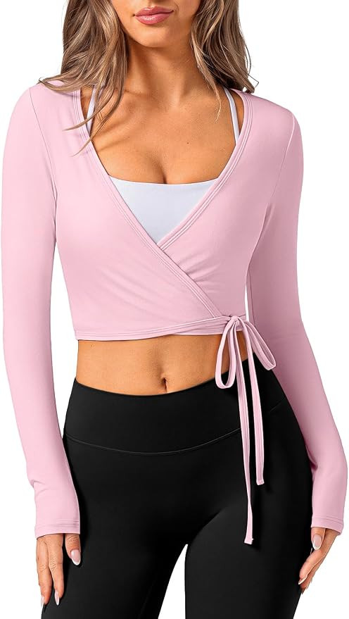 REORIA Women's Pilates Wrap Tops V Neck Tie Long Sleeve Yoga Workout Shirt | Front & back adjusta... | Amazon (US)