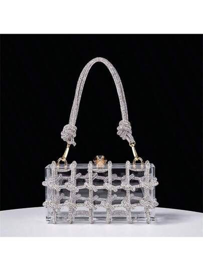 1pc Solid Color Acrylic Clear Storage Box Handmade Woven Knot Small Clutch Bag Crossbody Bag | SHEIN