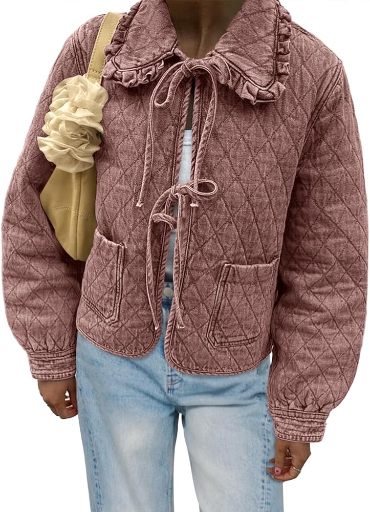 Tankaneo Womens Quilted Denim Puffer Jackets Tie Front Bow Cropped Puffy Jackets Fall Cute Short ... | Amazon (US)