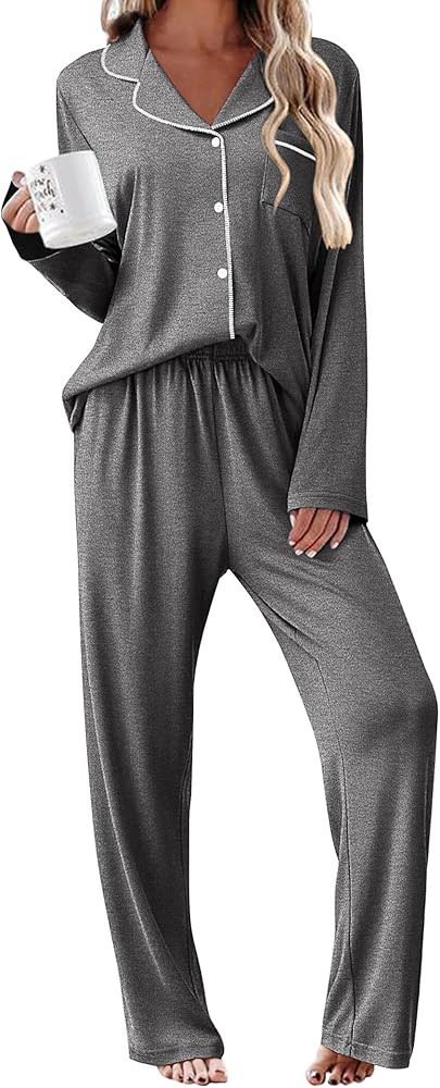 Ekouaer Womens Pajama Sets 2 Piece Long Sleeve Sleepwear Soft Button Down Pjs Lounge Set S-XXL | Amazon (US)