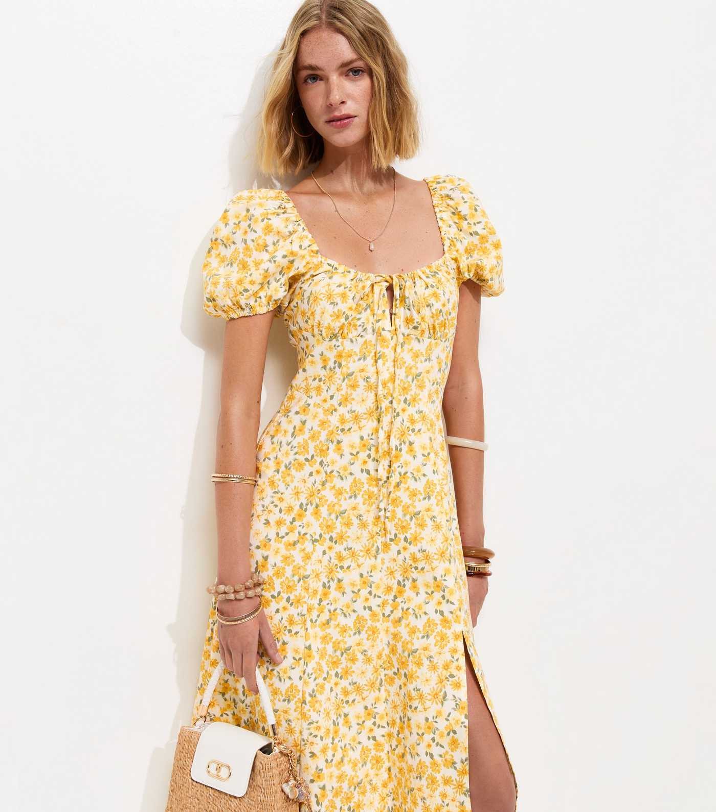 Yellow Floral Print Milkmaid Split Front Midi Dress | New Look | New Look (UK)