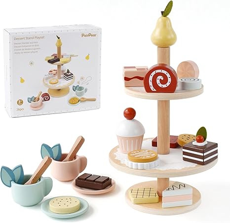 PairPear Tea Party Set Dessert Stand Playset -Wooden Toys Pretend Play Food Kitchen Accessories f... | Amazon (US)