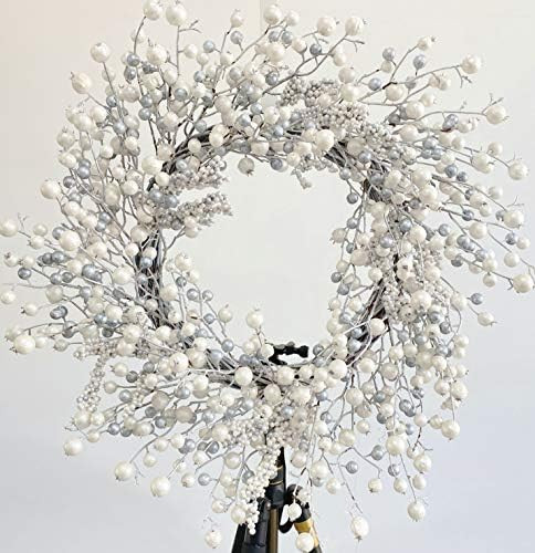 Huashen 24 Inch Fall Winter Front Door Wreath Fall Winter Berry Wreath Metallic Effect Pearl White & | Amazon (US)