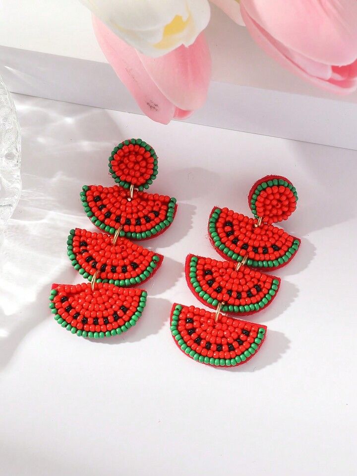 1 Pair Personality Fruit Watermelon Fabric Rice Bead Earrings For Women | SHEIN