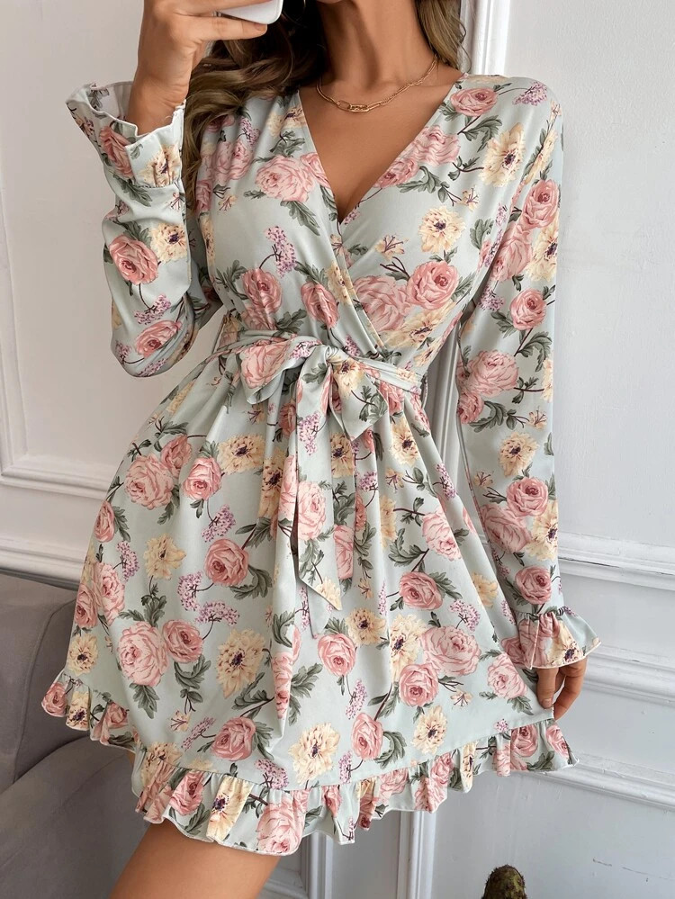 Floral Print Flounce Sleeve Ruffle Hem Belted Dress | SHEIN