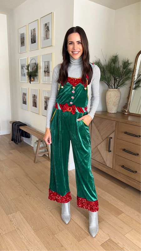 Jumpsuit: sized up to a M 
Turtleneck long sleeve shirt: true to size (S) 
Rhinestone boots: size up if between

Christmas party outfit, holiday looks, ugly sweater party, festive 

#LTKunder50 #LTKHoliday #LTKshoecrush