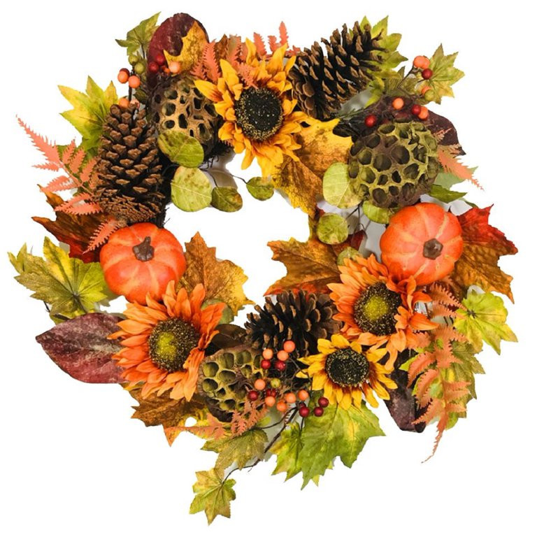 Platon Floral Fall Artificial Pumpkin Sunflower Cone Wreath 24" Orange and Gold | Walmart (US)