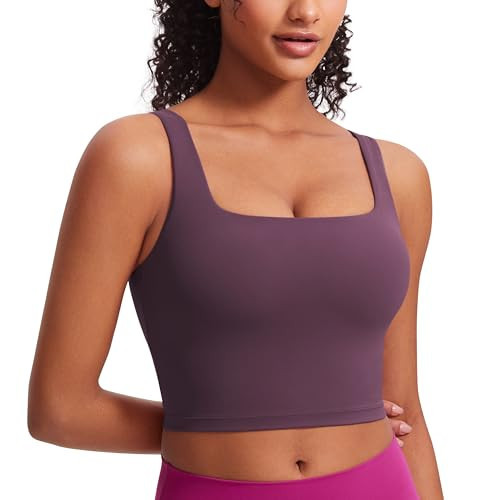 CRZ YOGA Butterluxe Square Neck Crop Tank Tops for Women - Workout Longline Sports Bras Padded Yoga Camisole Grape Thistle Purple X-Large | Amazon (US)