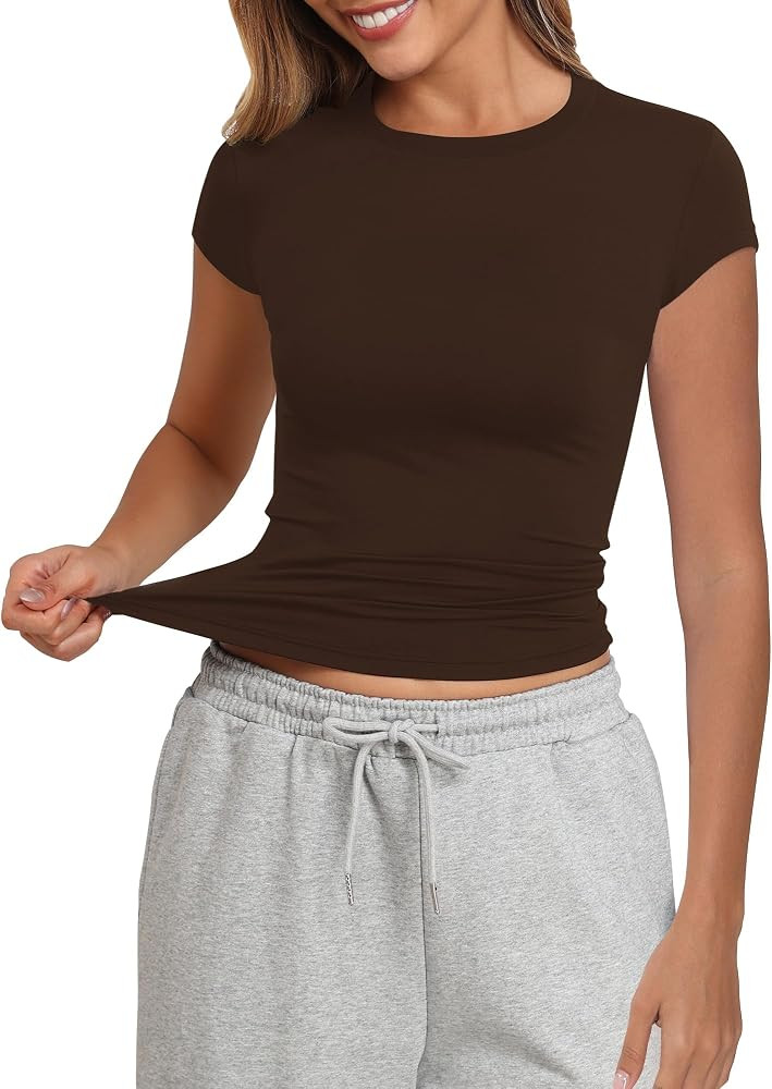 PALINDA Women's Fitted T Shirts Crew Neck Short Sleeve Tees Basic Casual Stretchy Tshirt Tops | Amazon (US)