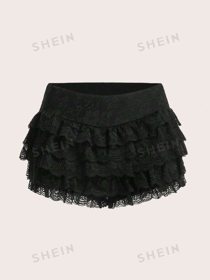 SHEIN ICON Y2k Summer Large Size Solid Color Sexy Lace Cake Layer Shorts | SHEIN