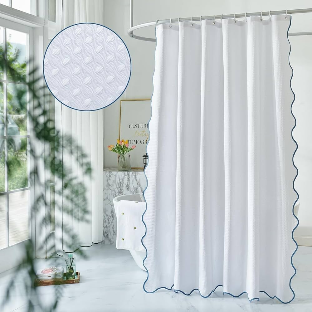 Waffle Weave 230GSM Heavy Duty Fabric with Water Blue Scalloped Border Shower Curtain,Boho Chic C... | Amazon (US)
